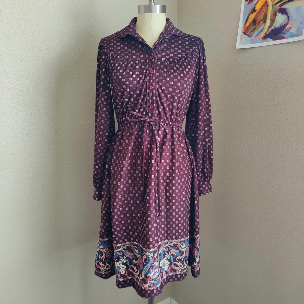 True Vintage 70s‎ Prairie Hippie Dress Midi Paisley Bohemian Drawstring Waist M